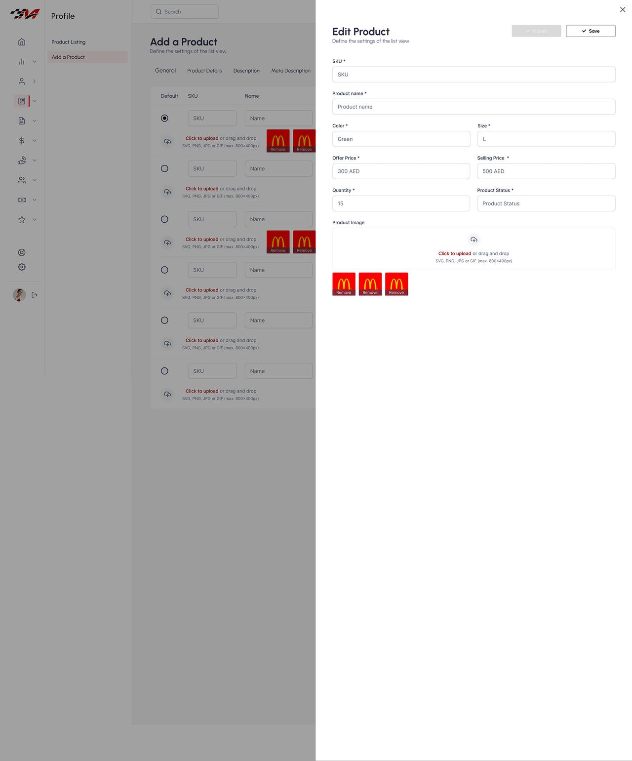 Seller dashboard — product variations