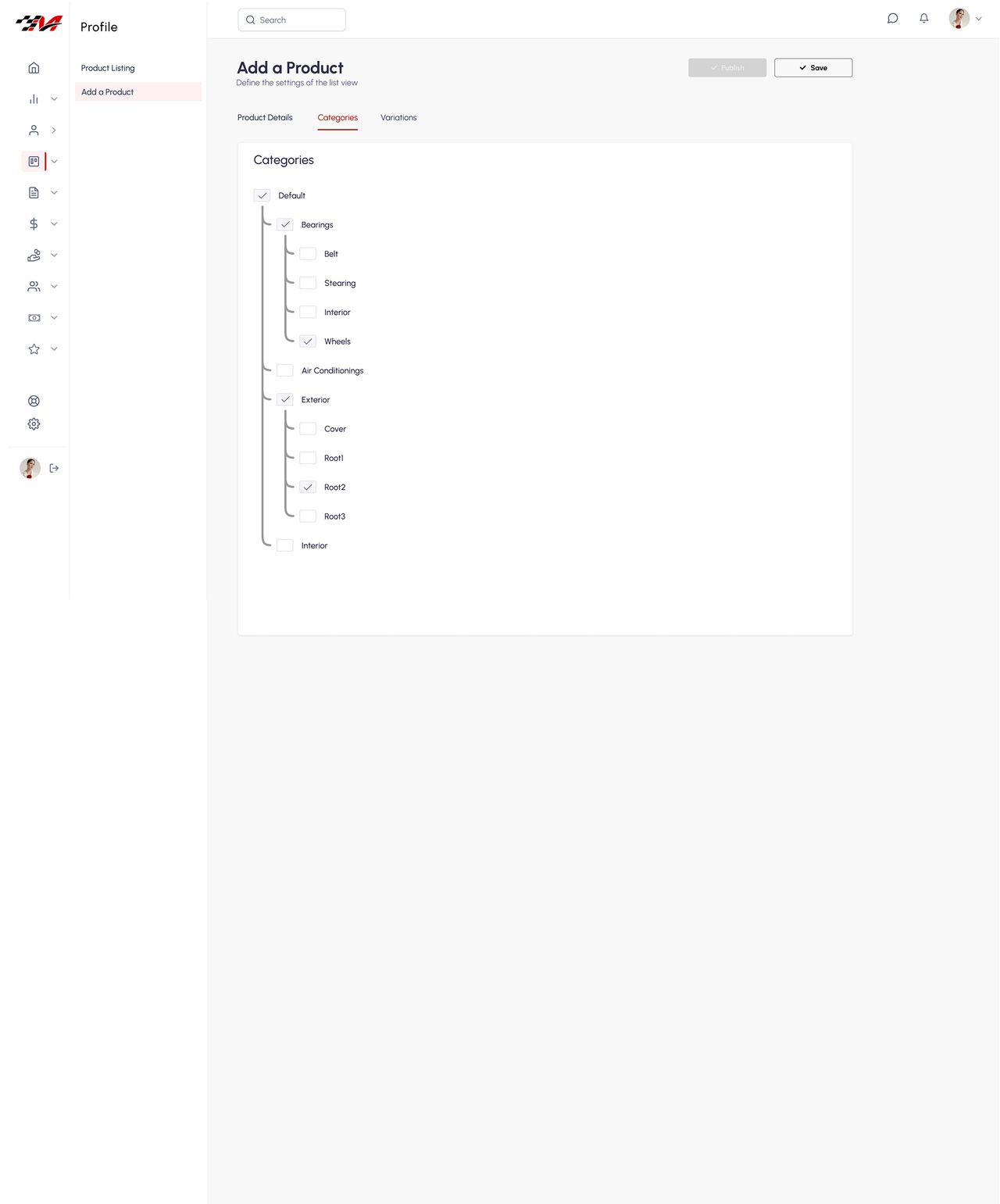 Seller dashboard — categories