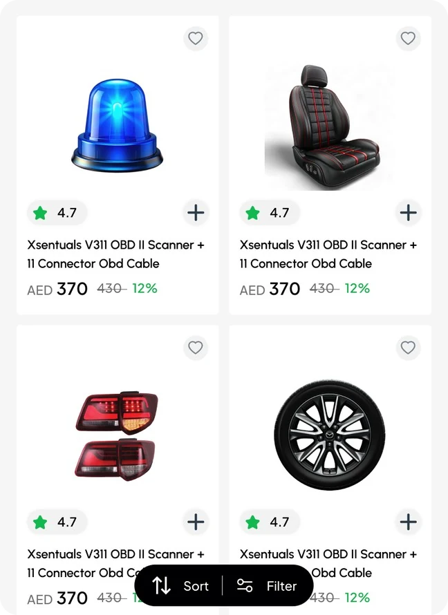 Product cards with photo, star rating, name, price in AED, old price, discount and a plus button