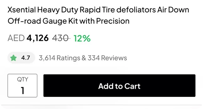 Product price with discount, rating count, quantity picker and the black Add to Cart button