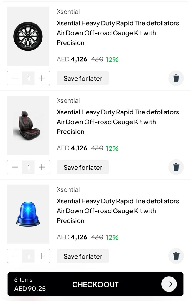 Bag with three items, quantity steppers, Save for later and a checkout bar with the total