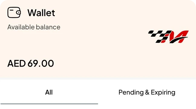 Wallet card with AED 69.00 balance and cashback history