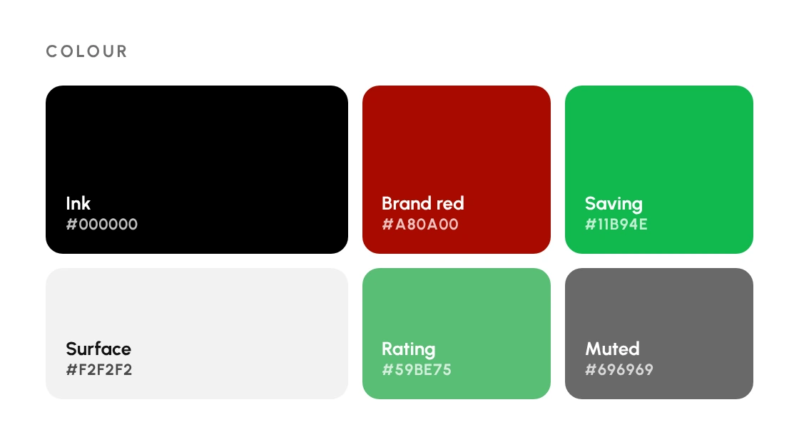 Colour palette: ink black, brand red, saving green, surface, rating green and muted grey