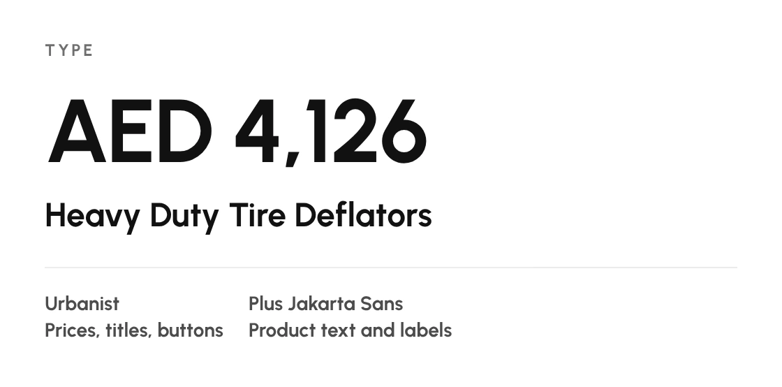 Type card: Urbanist for prices and titles, Plus Jakarta Sans for product text