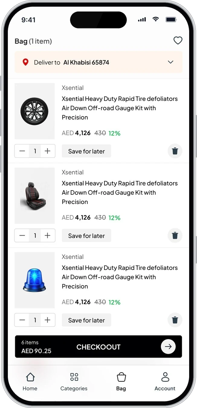 Bag with items, quantities and checkout