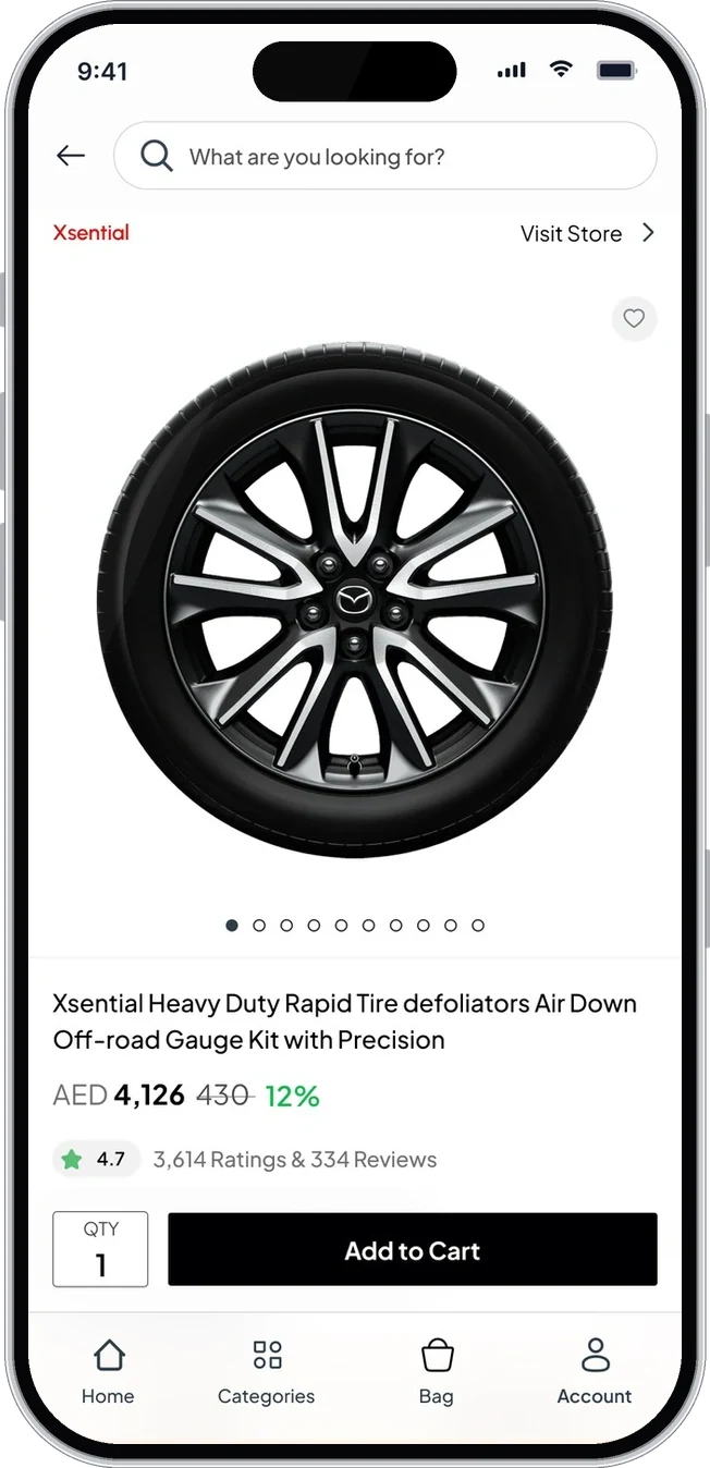 Product page with photos, price, saving, rating and Add to Cart