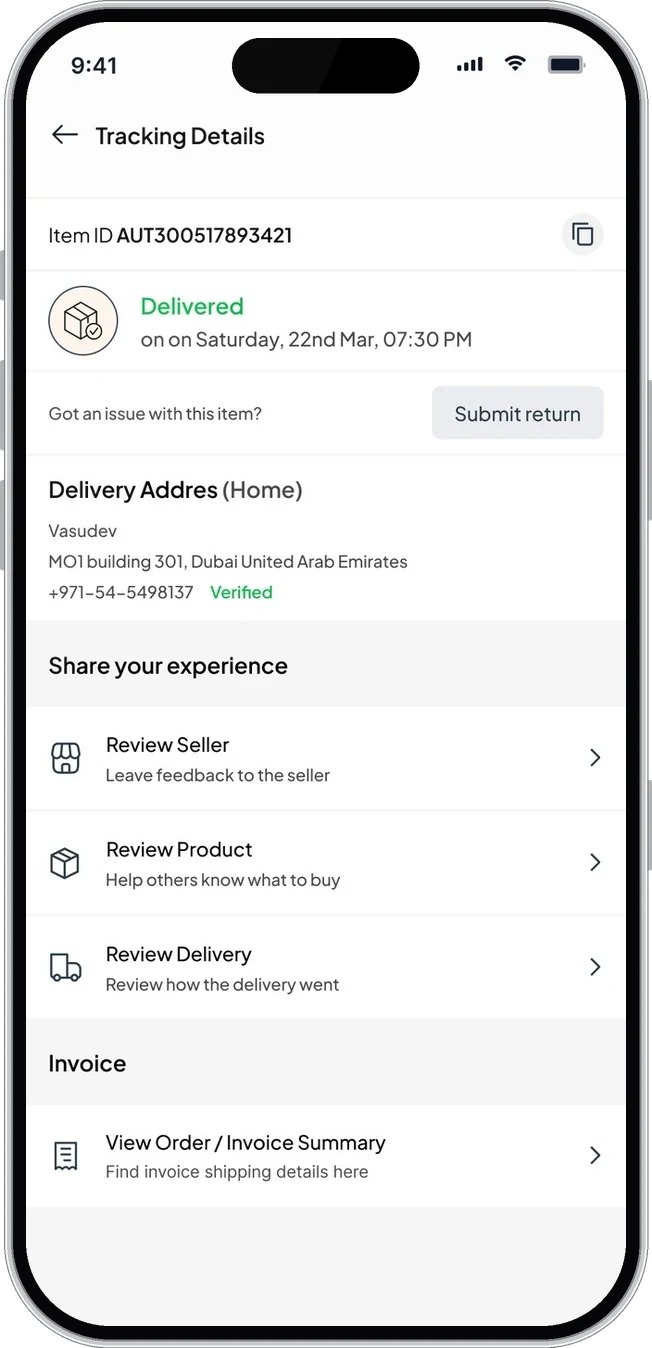 Delivered order with address and review options