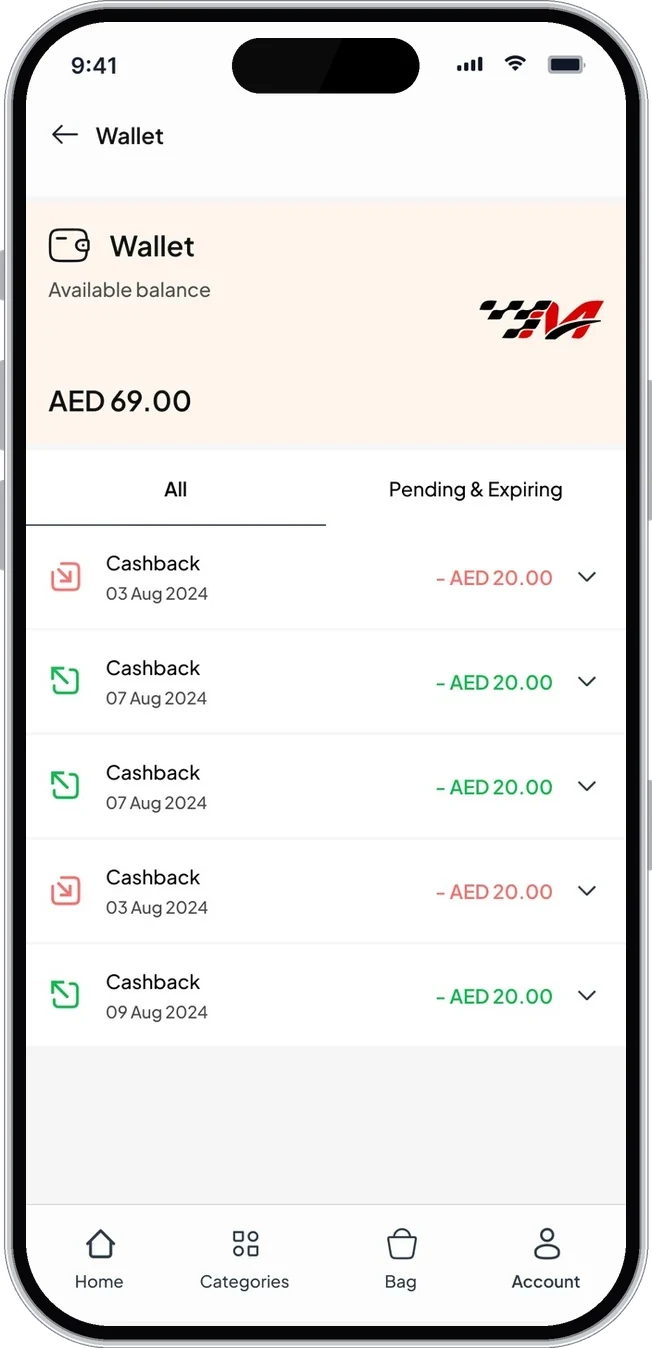 Wallet with balance and cashback history