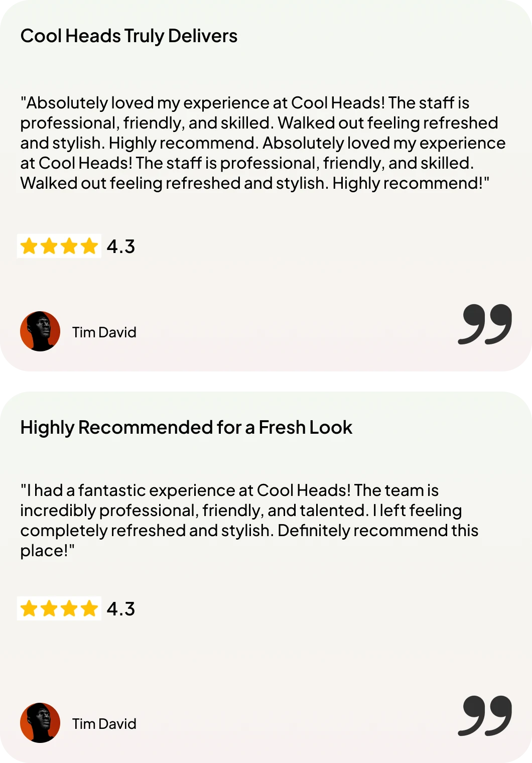 Two review cards with quotes, a 4.3 star rating and the reviewer's name