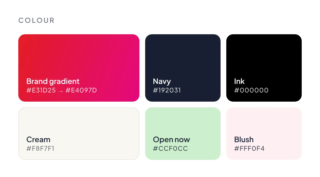 Colour palette: brand gradient #E31D25 to #E4097D, navy #192031, ink, cream #F8F7F1, open-now green and blush