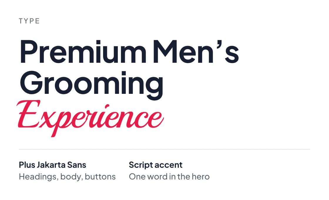 Type card: Premium Men's Grooming in Plus Jakarta Sans with Experience in a script face