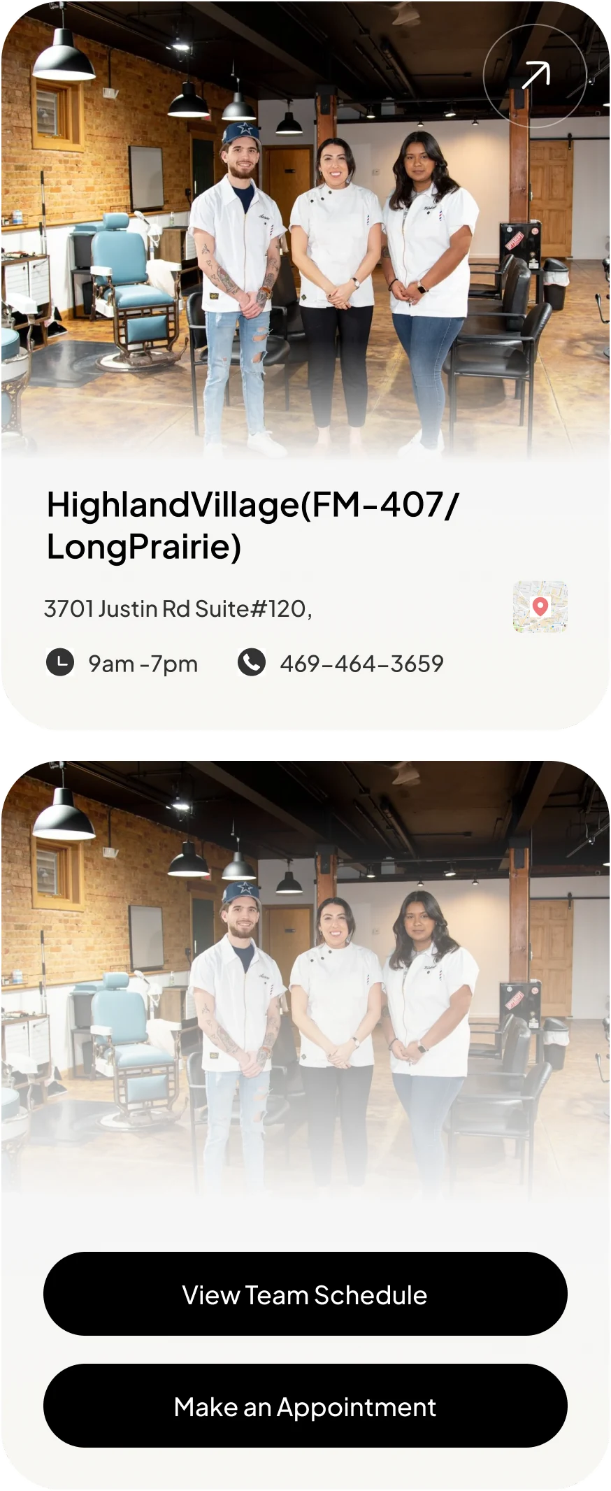 Shop card with a team photo, address, hours and phone, and a variant with View Team Schedule and Make an Appointment buttons