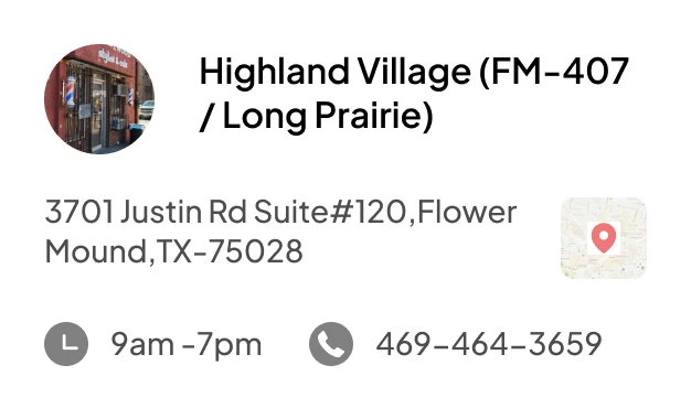 Location card for Highland Village with address, 9am to 7pm hours, phone number and a map pin