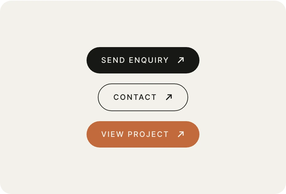 Buttons: Send enquiry in ink, Contact in outline and View project in terracotta
