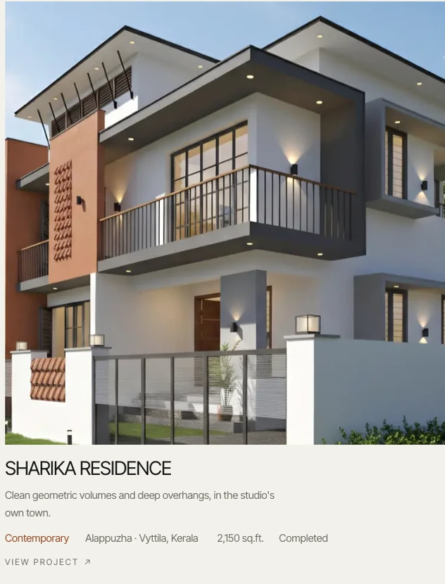 Project card: photo of the Sharika Residence, name, one-line description, style, location, area and status