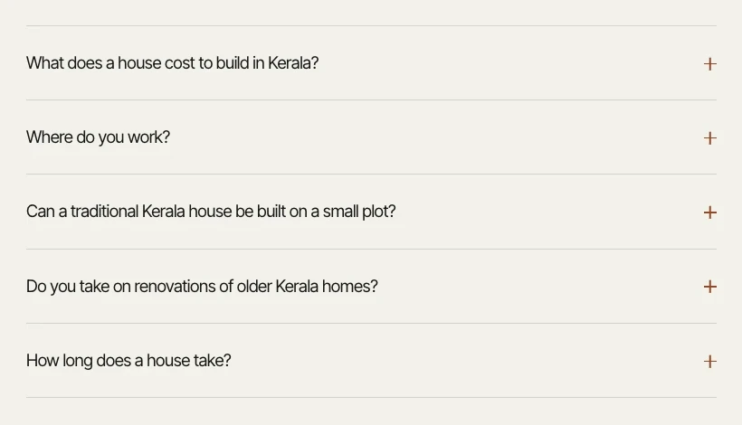FAQ accordion: cost, location, small plots, renovations and timelines
