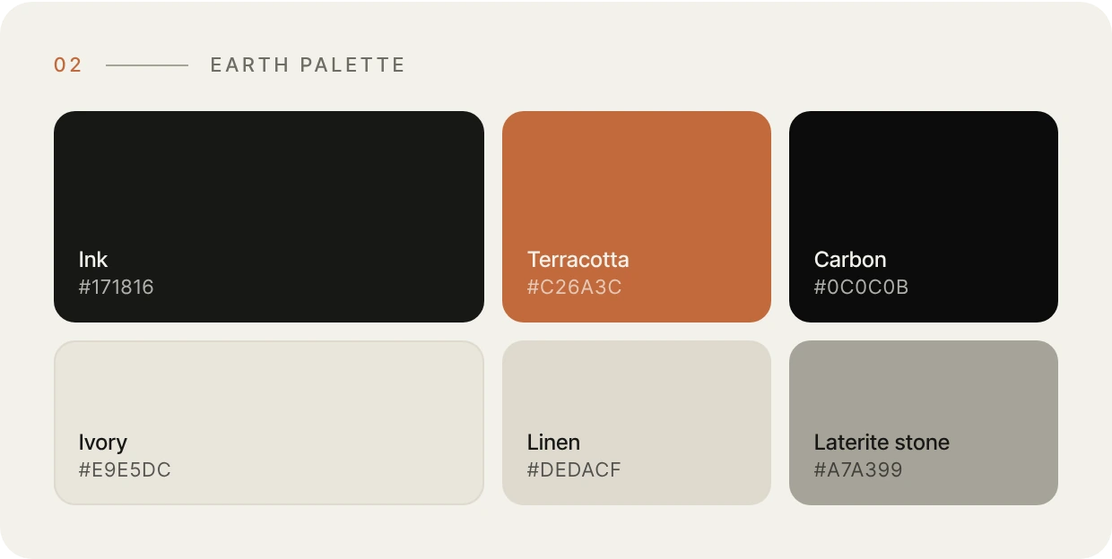 Colour palette: ink, terracotta, carbon, ivory, linen and laterite stone