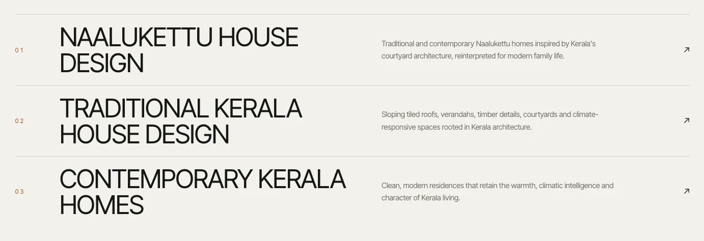 Services list: Naalukettu house design, traditional Kerala house design and contemporary Kerala homes, each with a short description