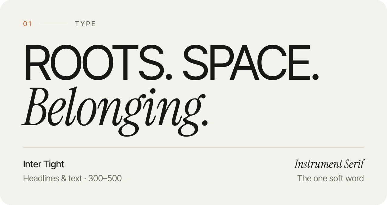 Typography: Inter Tight capitals with an Instrument Serif italic word