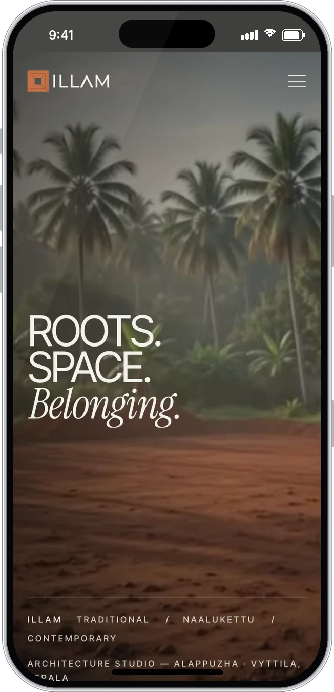 ILLAM website in a phone browser: home page hero with Roots. Space. Belonging. over the land film