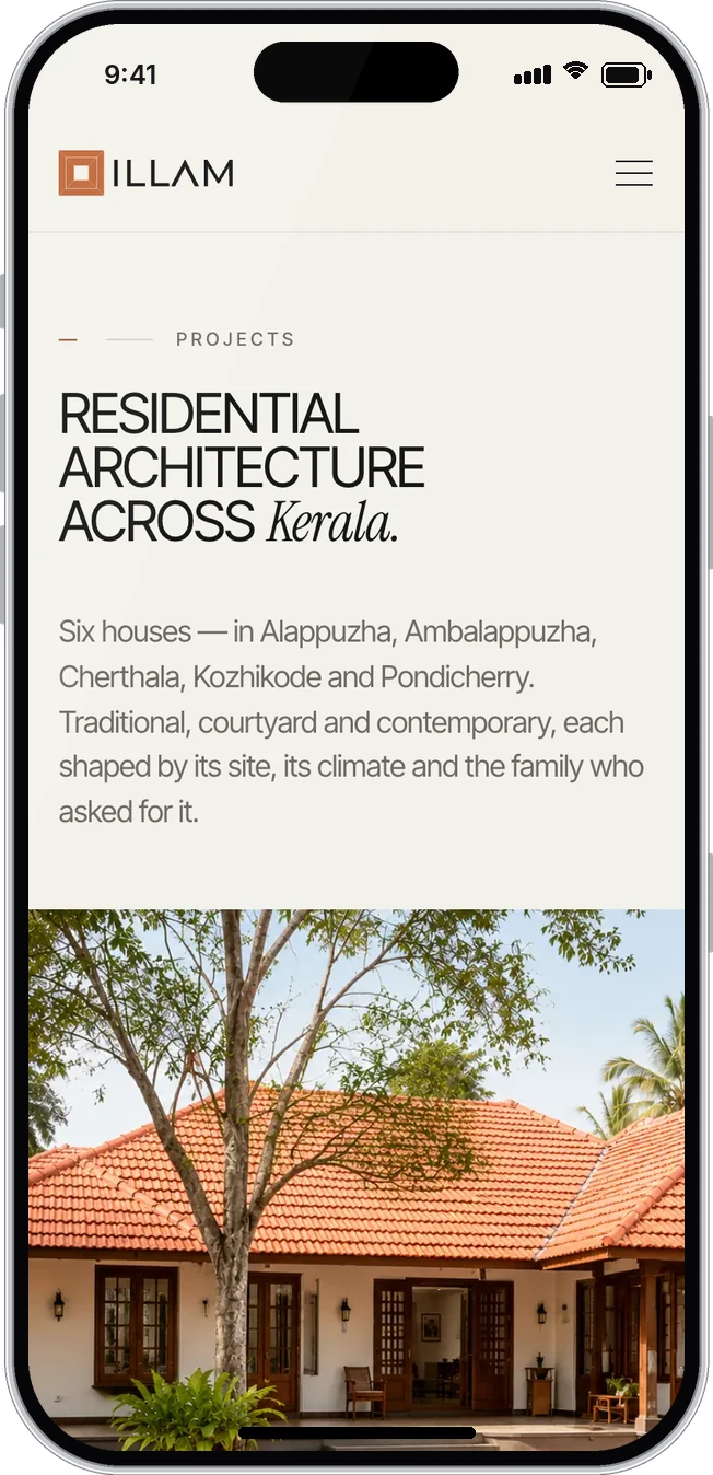 ILLAM website in a phone browser: projects page with the residential architecture headline and banner photo