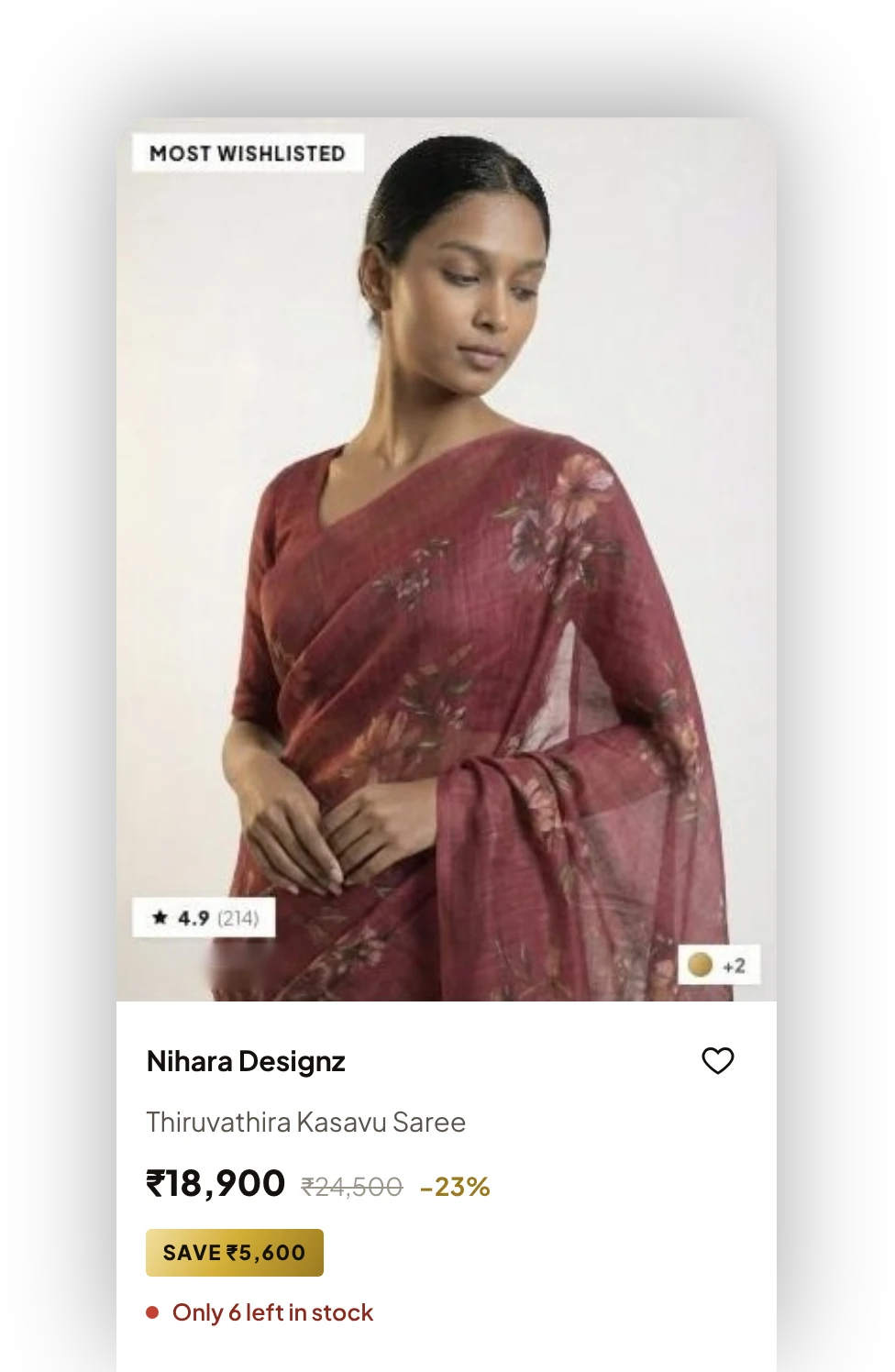 Product card: saree photo, brand, name, price with discount, saving badge and low-stock note