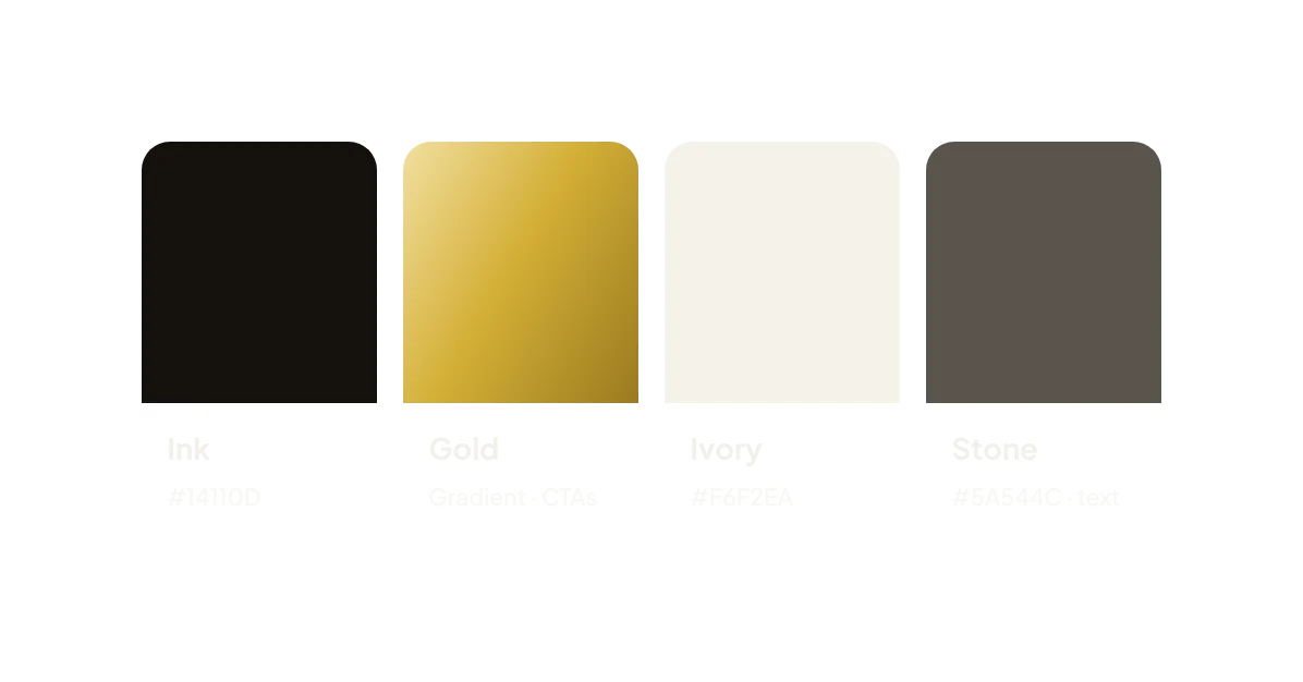 Colour palette: Ink, Gold gradient, Ivory and Stone