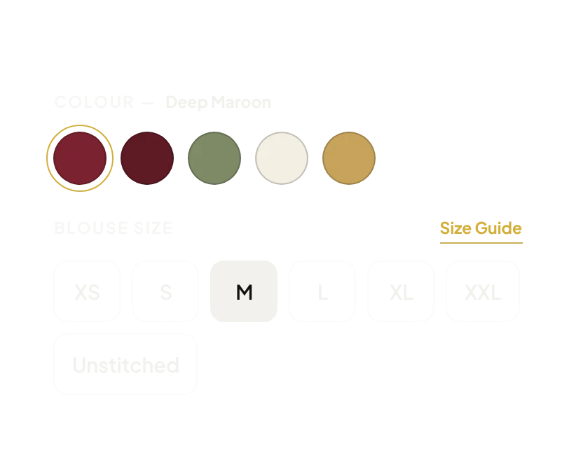 Colour swatches and blouse size selector