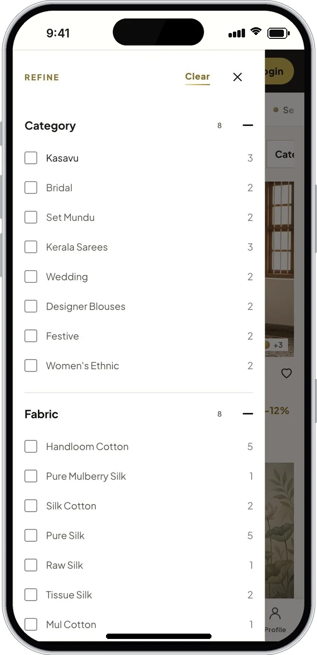 Nihara Ecommerce in a phone browser: filter drawer with category and fabric options (iPhone 17 Pro)