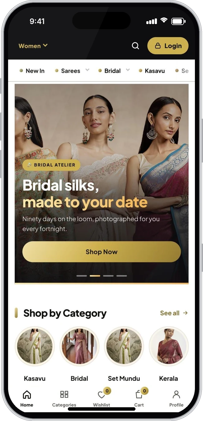 Nihara Ecommerce in a phone browser: home page with category menu, hero banner, categories and bottom navigation bar (iPhone 17 Pro)