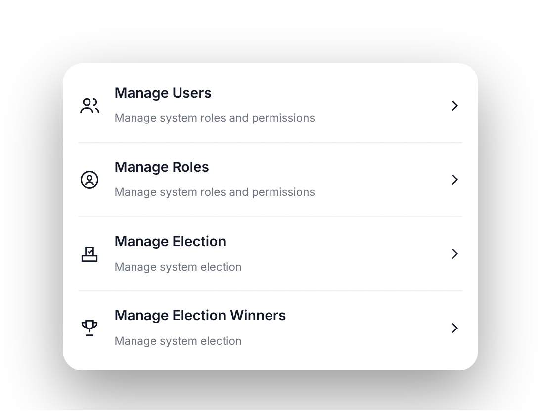 Settings rows for managing users, roles, elections and election winners