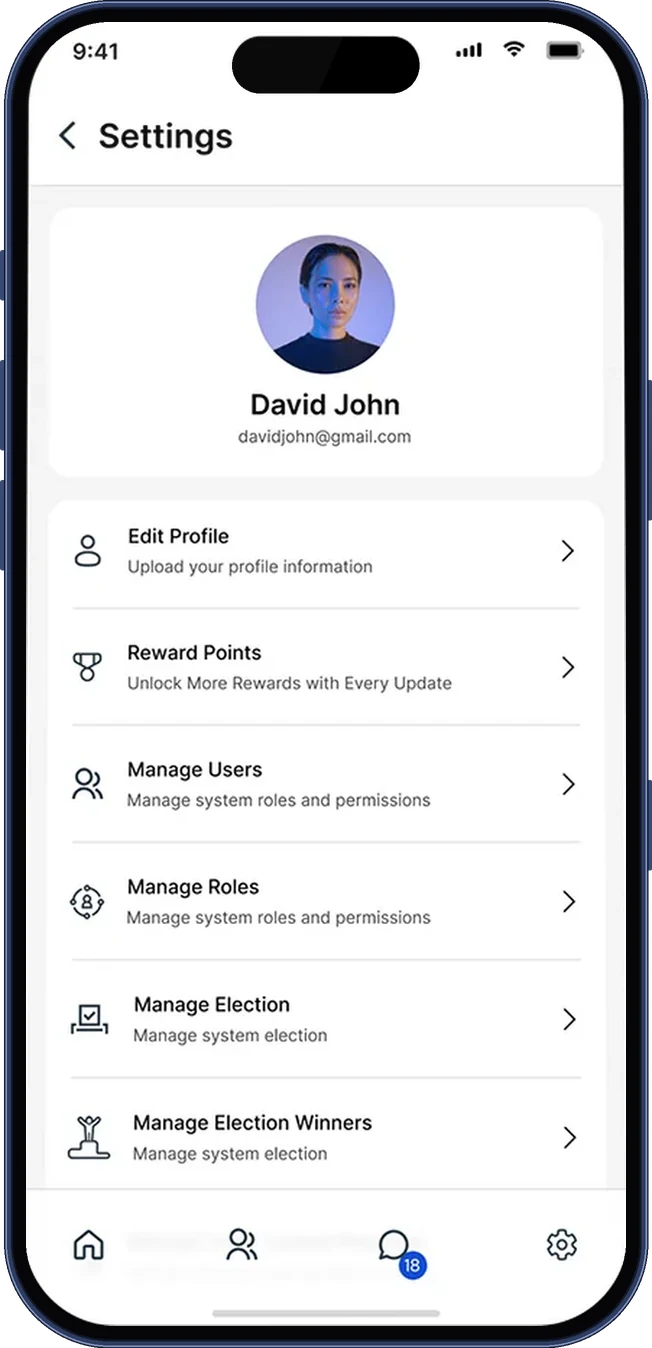 Settings with profile, reward points and management for users, roles and elections (iPhone 17 Pro)