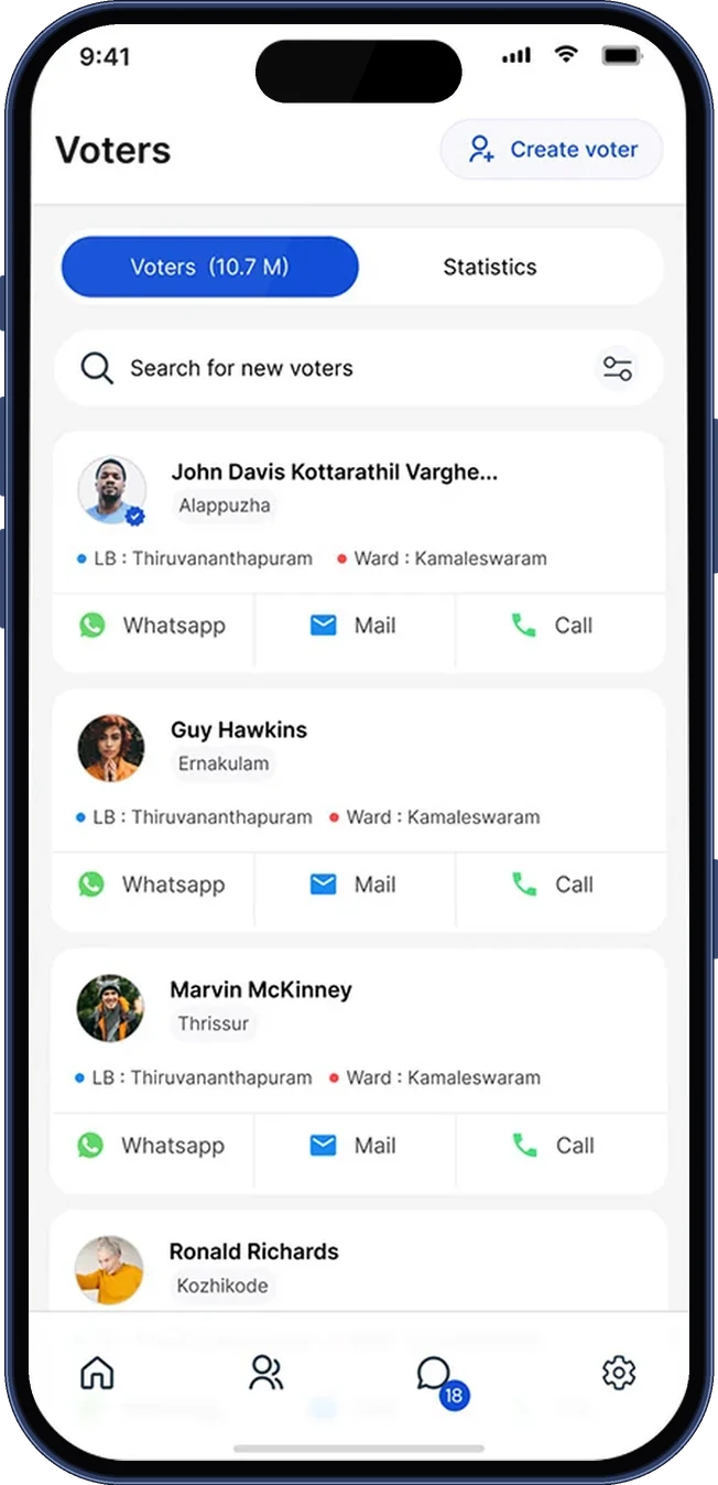 Voters list with tabs, search and voter cards with WhatsApp, Mail and Call (iPhone 17 Pro)
