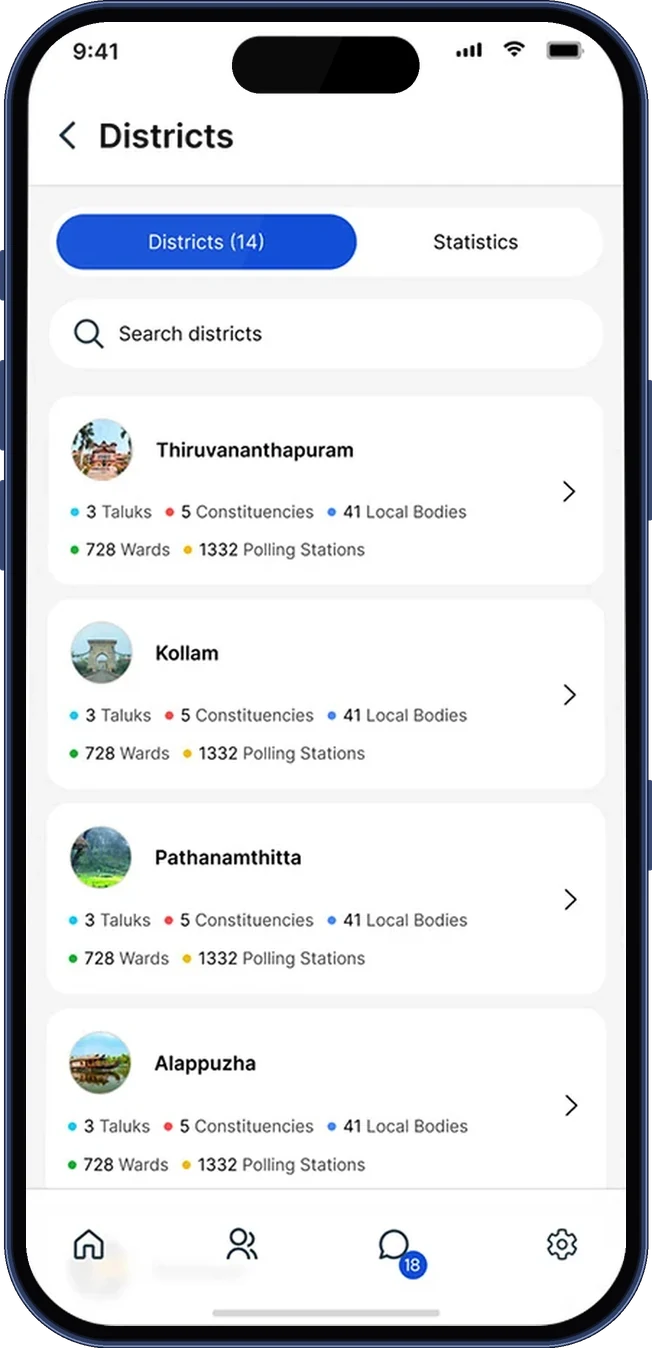 Districts list with counts of taluks, constituencies, local bodies, wards and polling stations (iPhone 17 Pro)