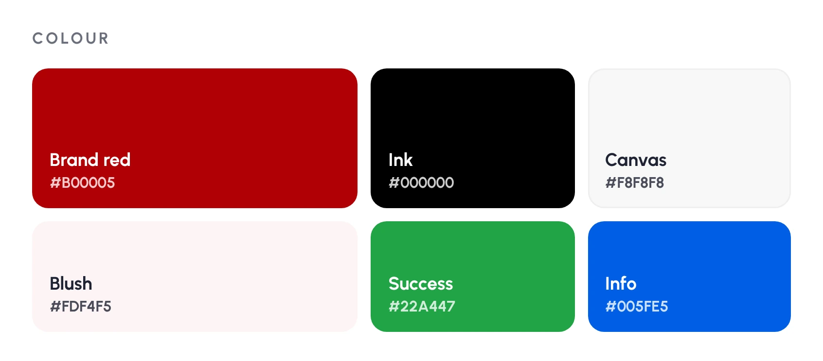 Colour card: brand red #B00005, ink, canvas #F8F8F8, blush, success green and info blue