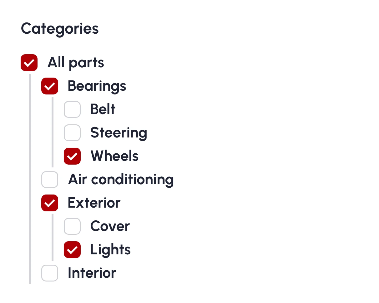 Categories tree with part types and ticked boxes