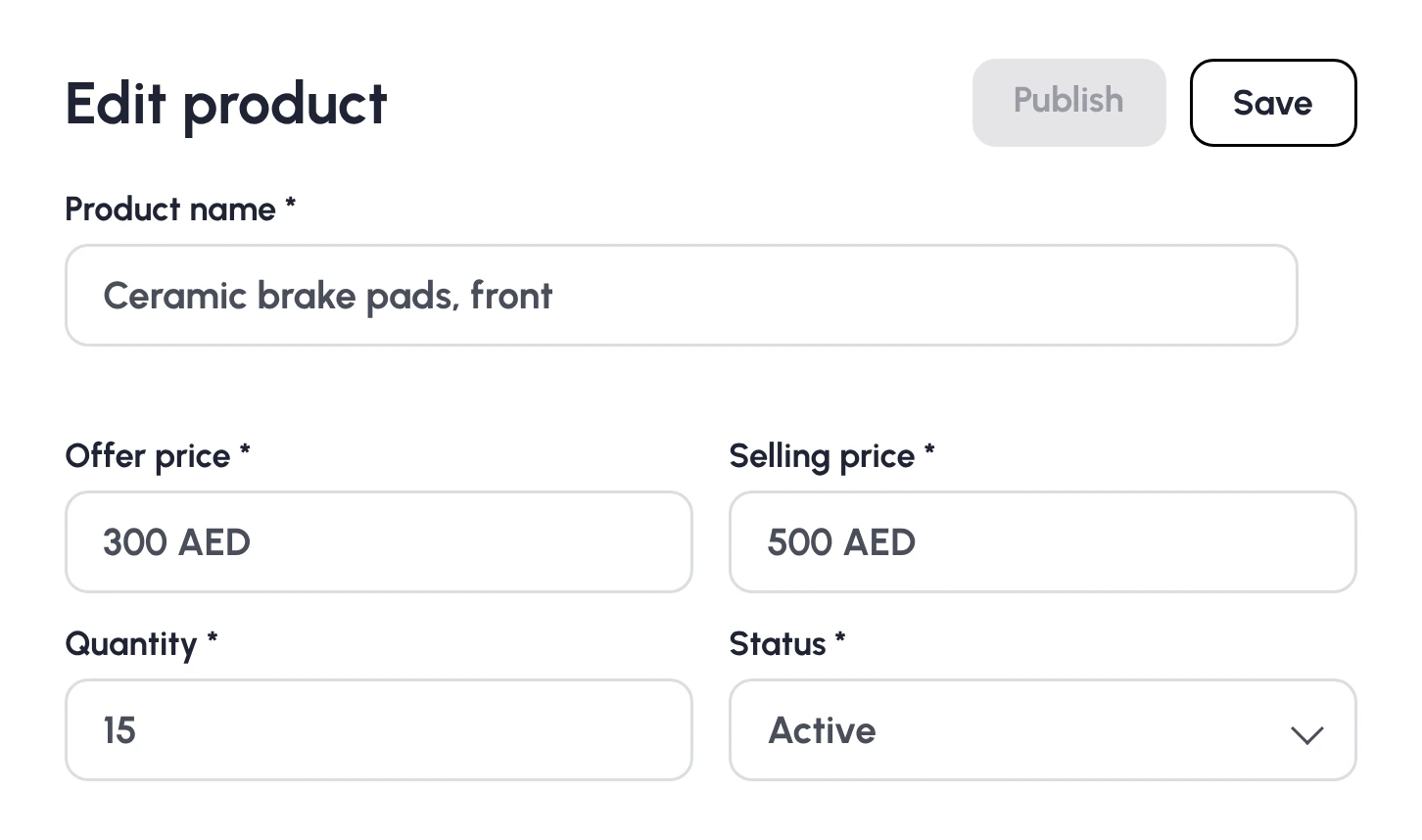 Edit product drawer with name, offer price, selling price, quantity and status fields