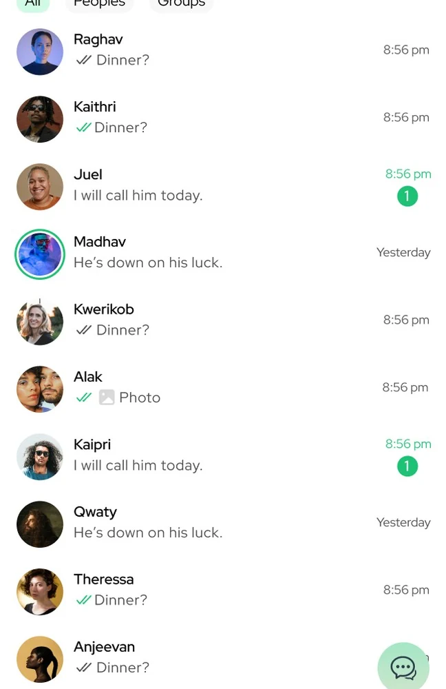 Chat list with All, People and Groups tabs, avatars, last messages, read ticks, times and unread badges