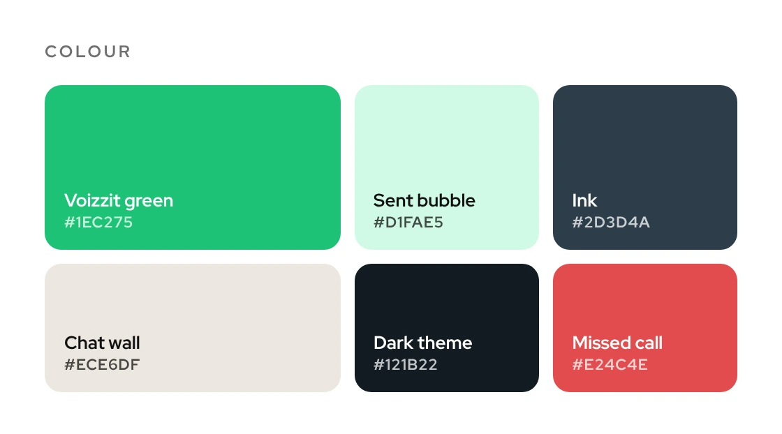 Colour palette: Voizzit green, sent bubble mint, ink, chat wall, dark theme and missed-call red