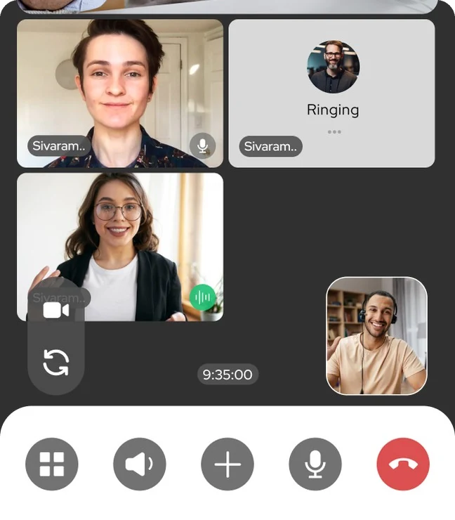 Group video call with participant tiles, a ringing tile and the call control bar