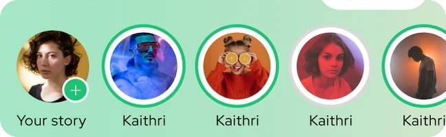 Story avatars with green rings at the top of the feed