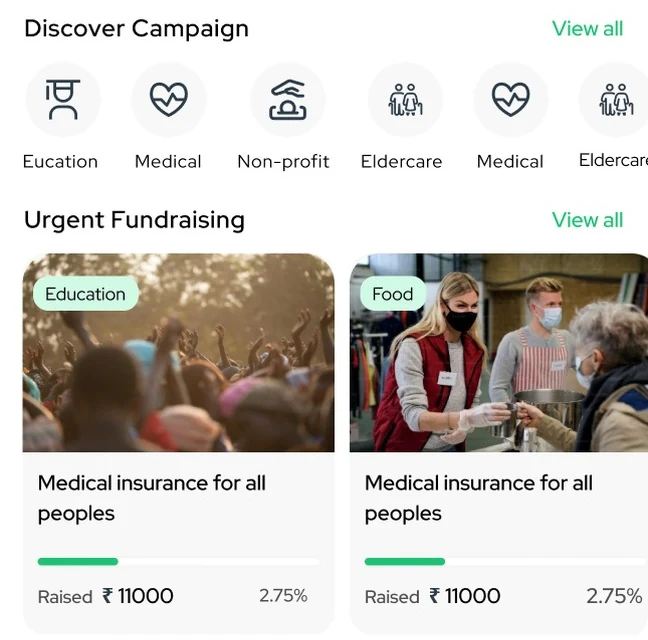Crowdfunding: campaign categories and urgent fundraising cards with amount raised
