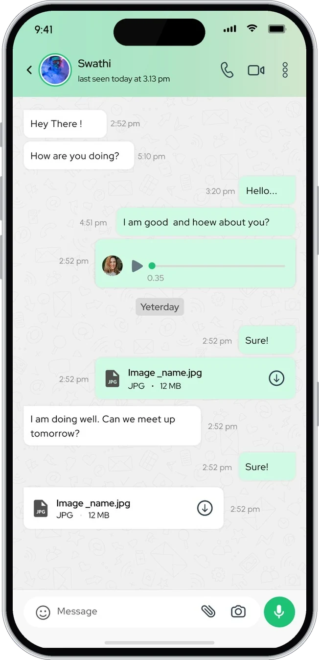 Chat with Swathi: messages, a voice note and files