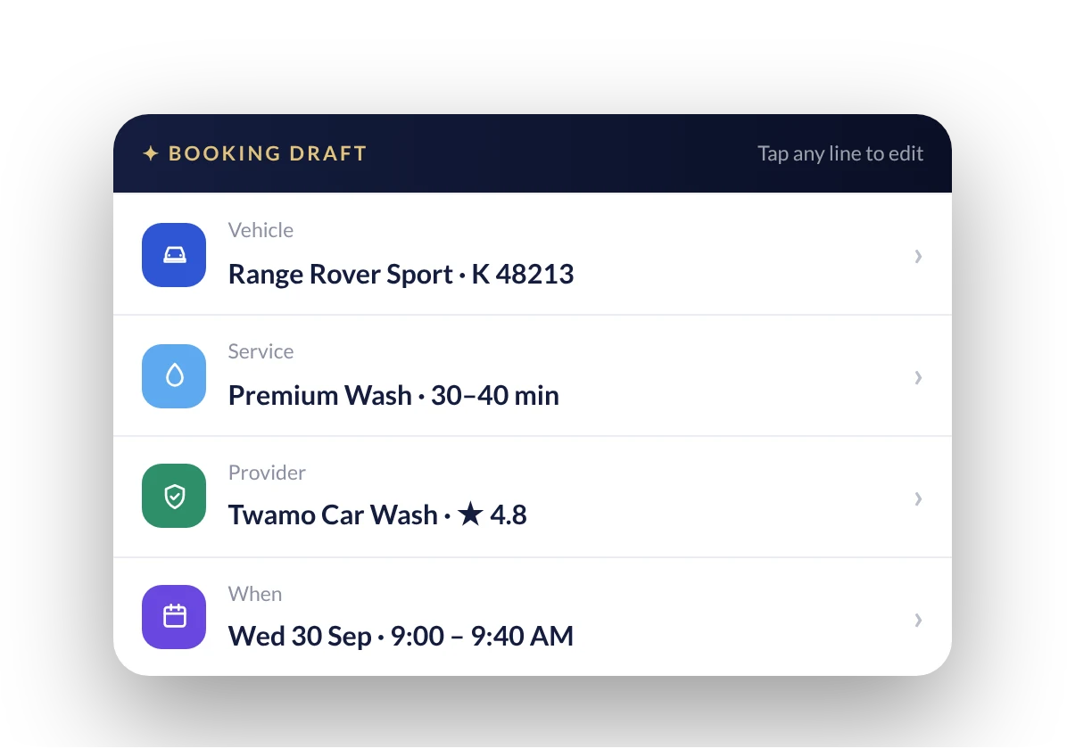 Booking draft card listing vehicle, service, provider and time, each line editable