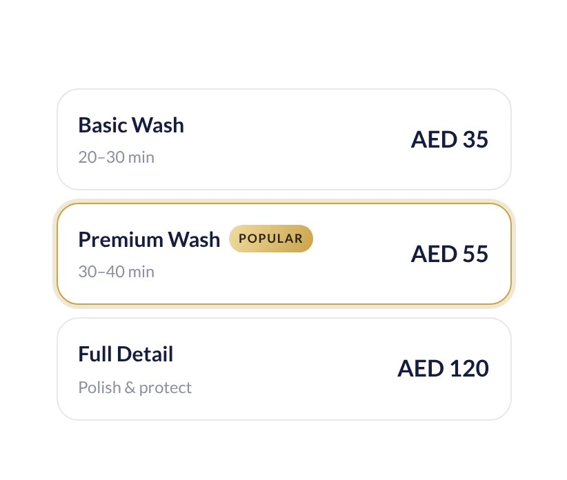 Wash packages: Basic AED 35, Premium AED 55 marked popular, Full Detail AED 120