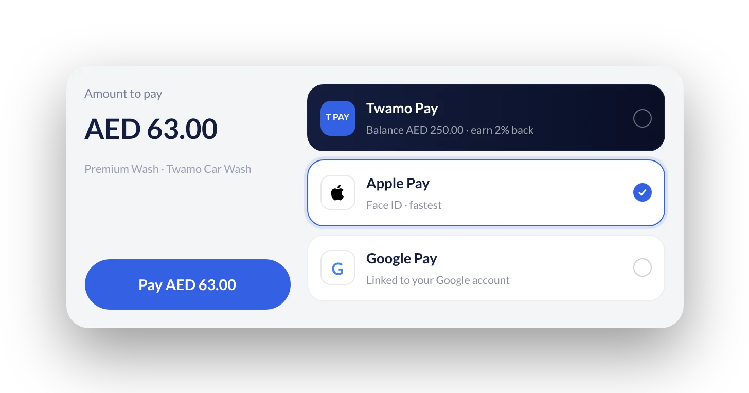 Payment: AED 63.00 to pay, Twamo Pay wallet, Apple Pay selected, Google Pay and a Pay button