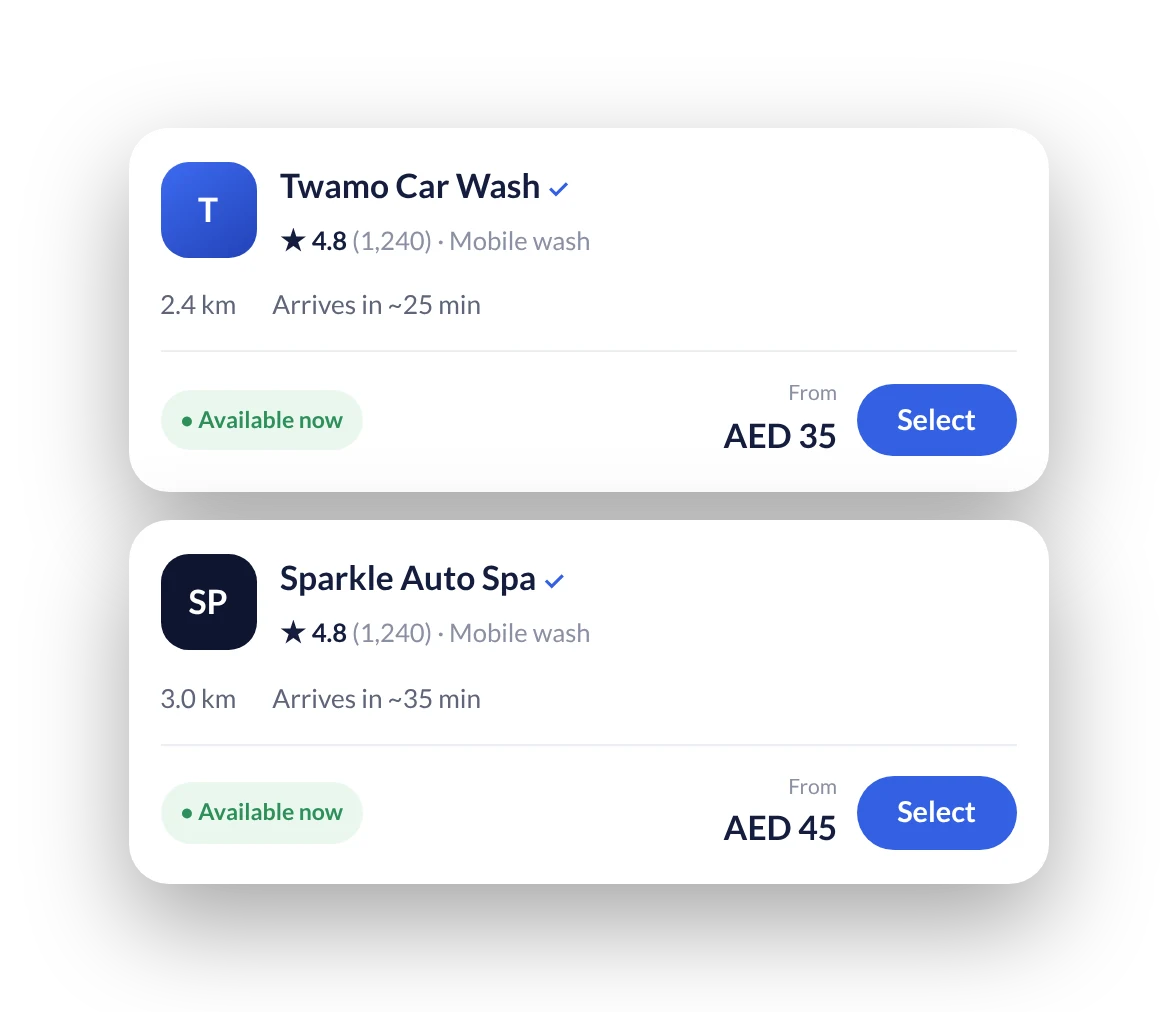 Two provider cards with rating, distance, arrival time, price and a Select button