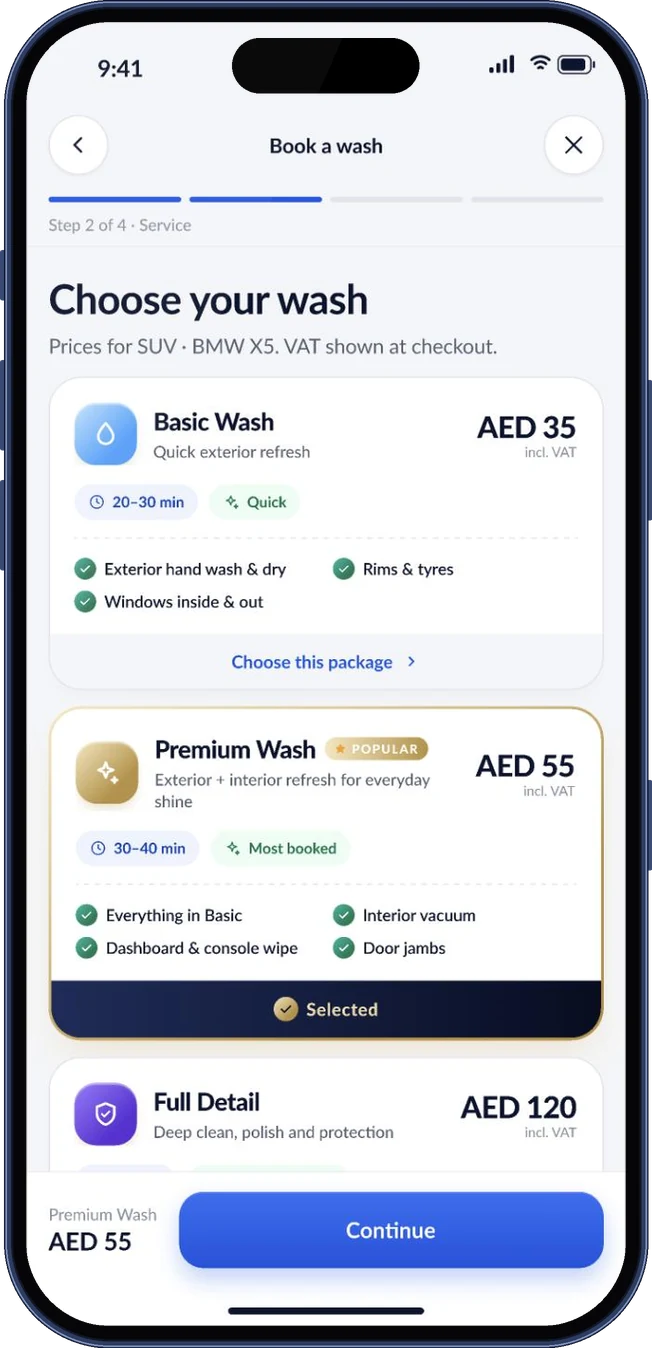 Choose your wash: Basic, Premium and Full Detail packages with prices (iPhone 17 Pro)