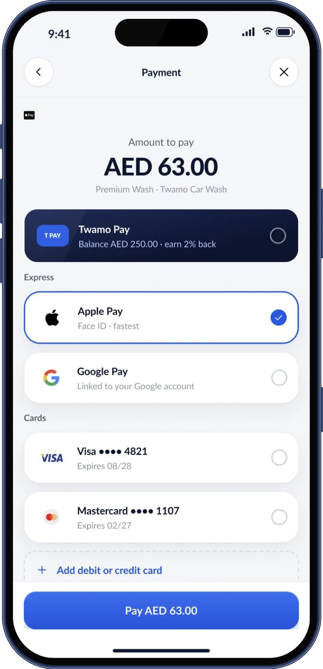Payment screen with Twamo Pay, Apple Pay, Google Pay and saved cards (iPhone 17 Pro)
