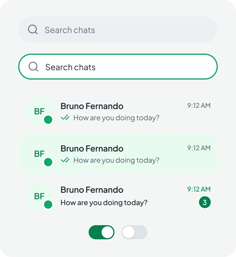Search field in default and focused states, three chat list rows (read, selected, unread with a count) and a toggle
